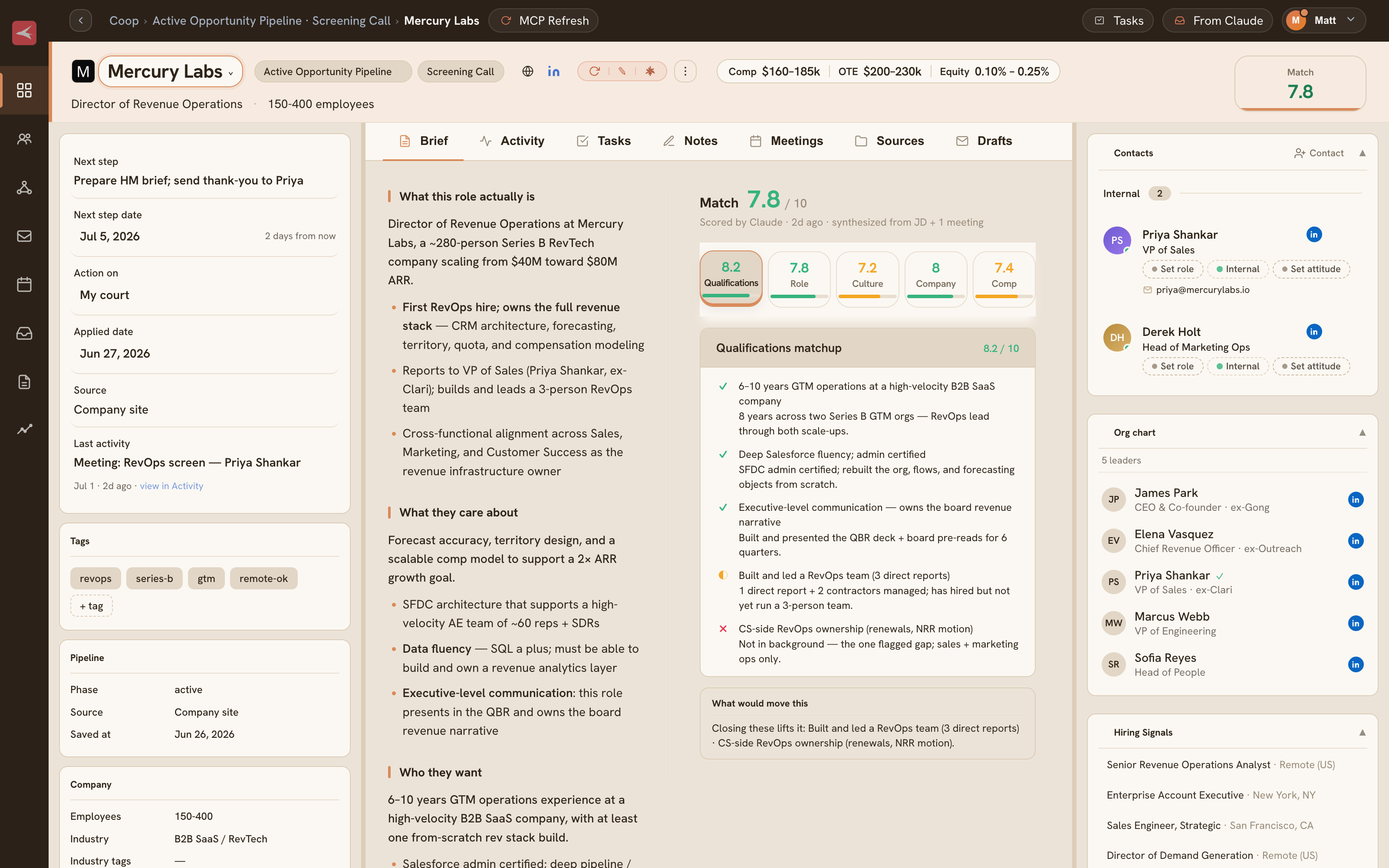 An opportunity detail page for Mercury Labs - research, role brief, contacts, and scores