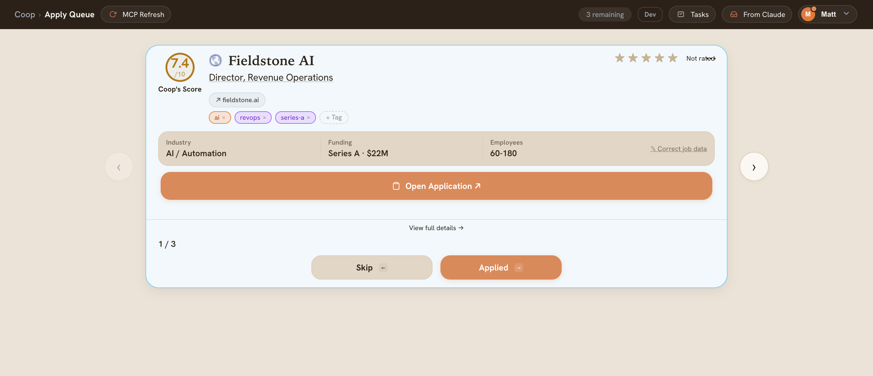 Coop's apply queue - fit-scored roles waiting on your call