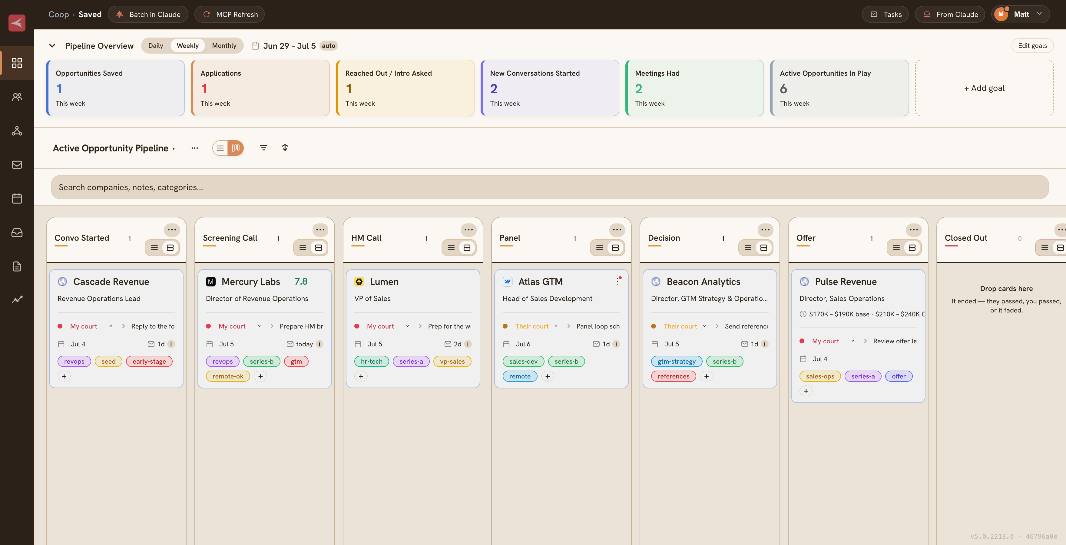 Coop's pipeline board - scored opportunity cards across the active stages