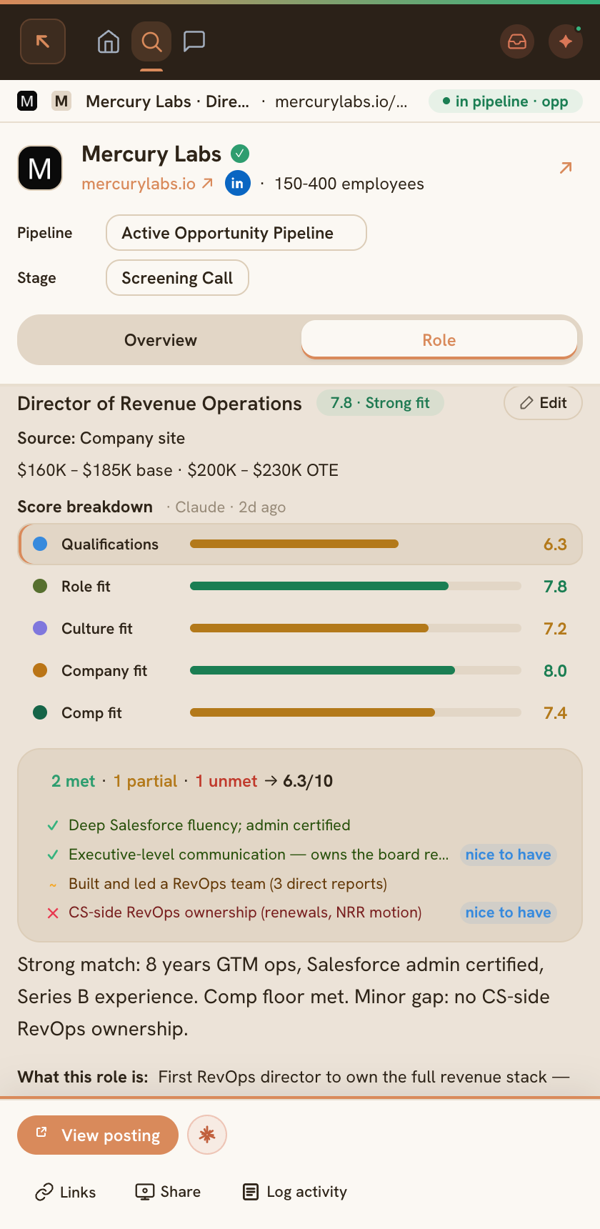 Coop's side panel detecting the company on the current page
